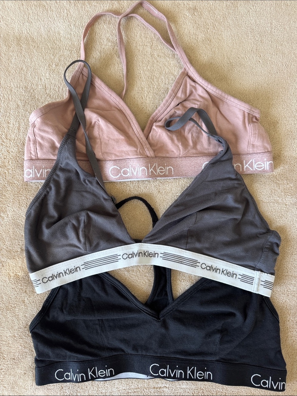 Calvin Klein Three-Pack Bralette Set in Dusty Pink, Charcoal, and Black